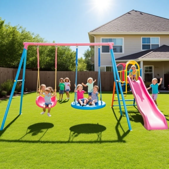 Backyard Swing Set with Slide, 440LBS Heavy-Duty Metal A-Frame, 1 Saucer Swing, 1 Swing Seat & 1 Slide for Kids