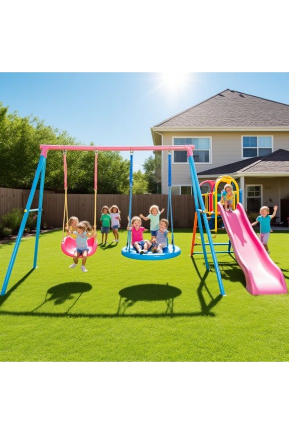 Backyard Swing Set with Slide, 440LBS Heavy-Duty Metal A-Frame, 1 Saucer Swing, 1 Swing Seat & 1 Slide for Kids