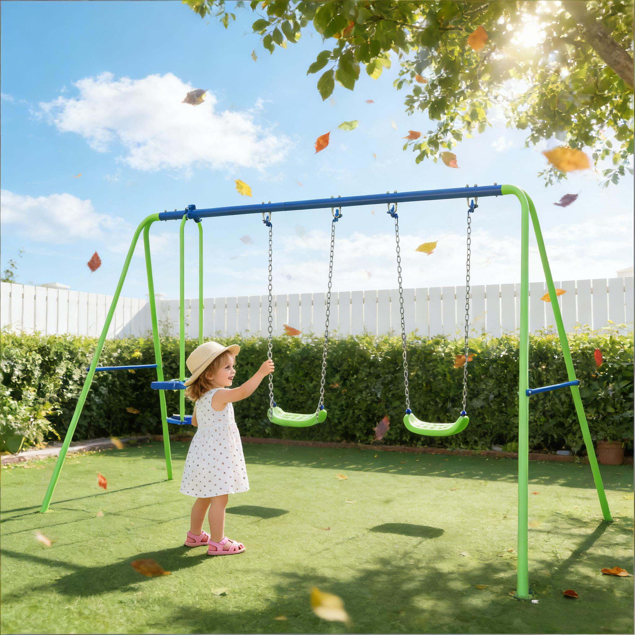 Backyard Swing Sets, Outdoor Heavy Duty Swing Set,Metal Swing Set, Blue,Green Outdoor Swing Sets,Metal,Polyethylene Heavy Duty Swing Sets, Toys Swing Sets