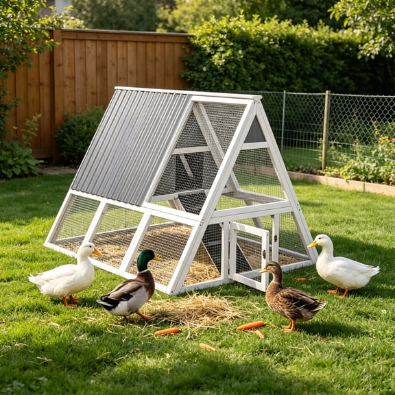 Backyard Weatherproof A-Frame Duck Cage with Galvanized Wire Mesh, 2-Tier Chicken Coop for 3-5 Hens, White with Gray