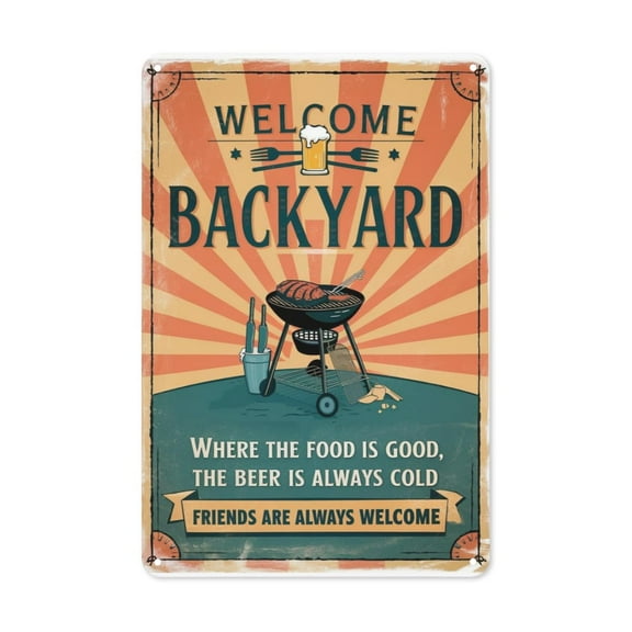 Backyard Welcome Aluminum Sign 8X12IN Rustic Metal Plaque for Garden Gate, Patio & Farmhouse Yard Decor with Distressed Finish