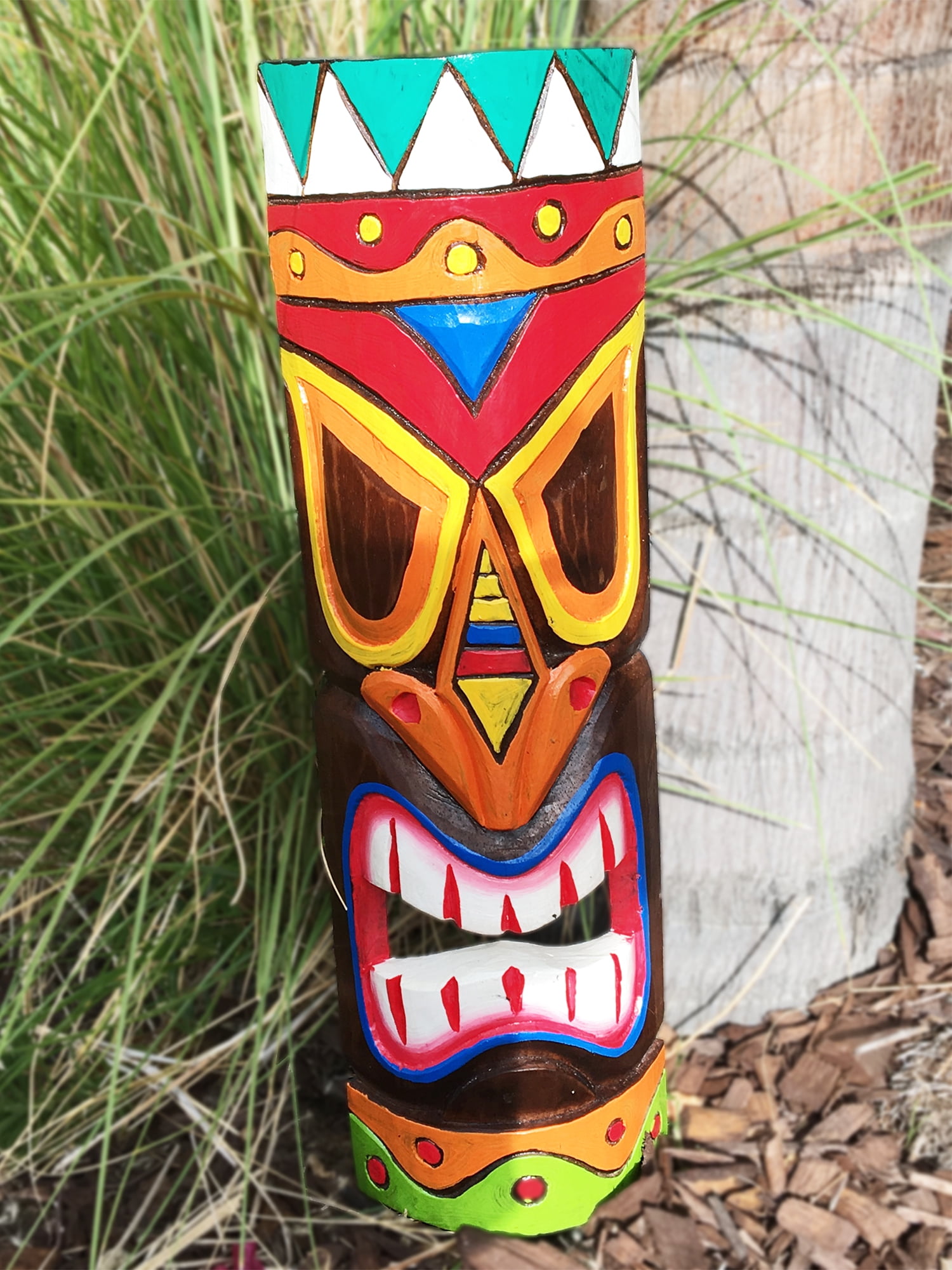 Hand-Carved Colorful Wooden Tiki Mask Statue, 20" Tall