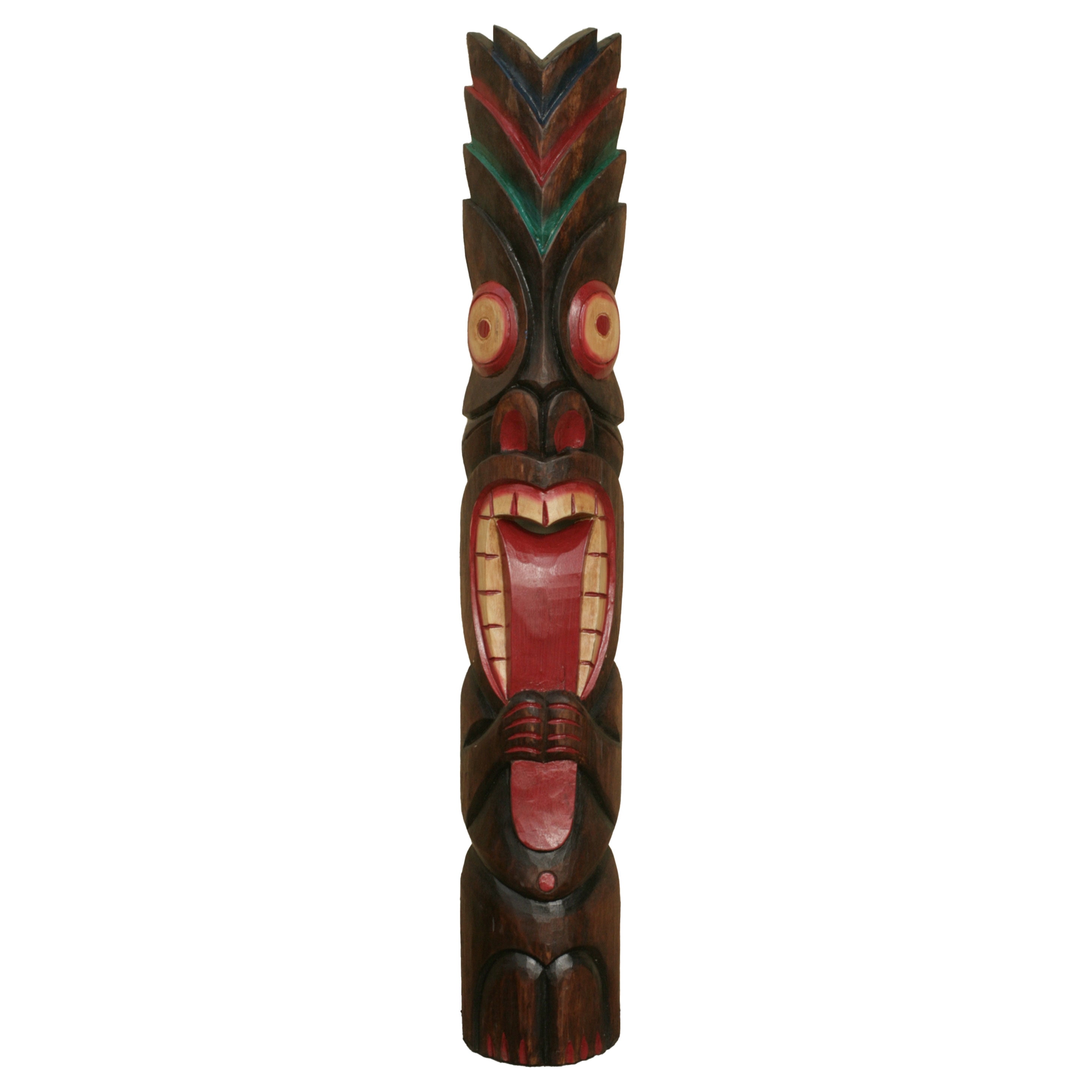 Hand-Carved 40" Tall Brown and Red Wooden Tiki Mask