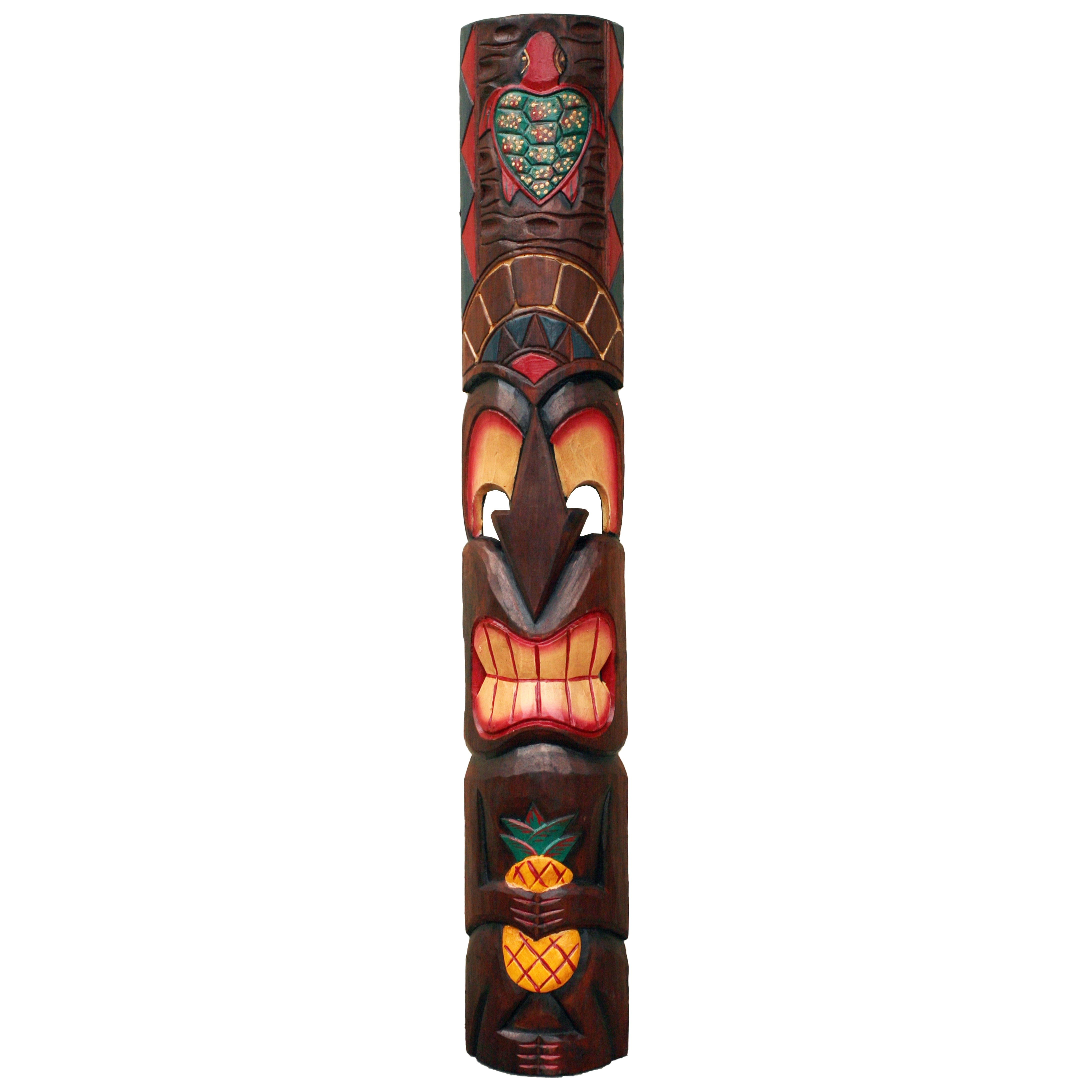 Hand-Carved 40" Brown and Red Wooden Tiki Totem Statue