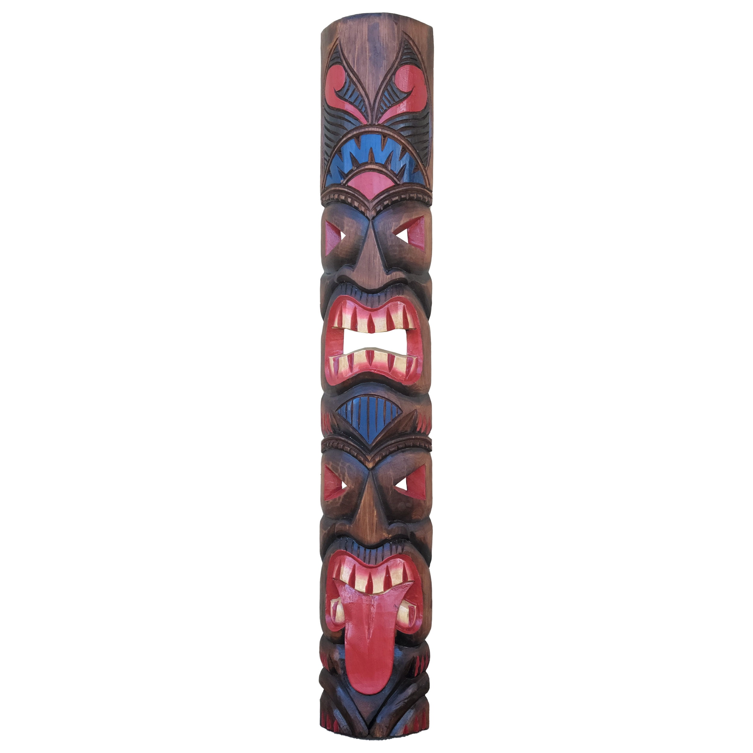 Hand-Carved Albesia Wood 40" Tropical Tiki Mask Totem
