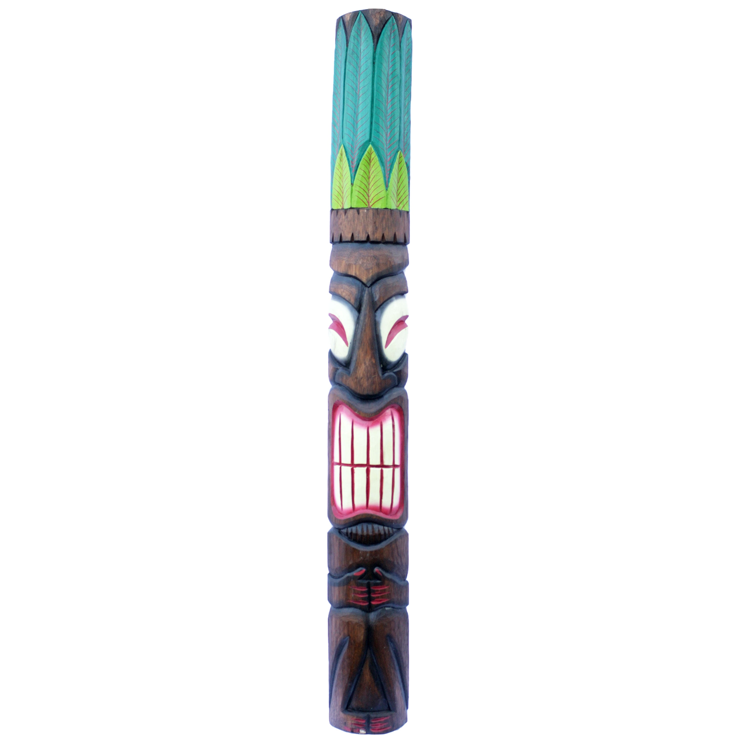 60" Brown and Green Hand-Carved Wooden Tiki Mask