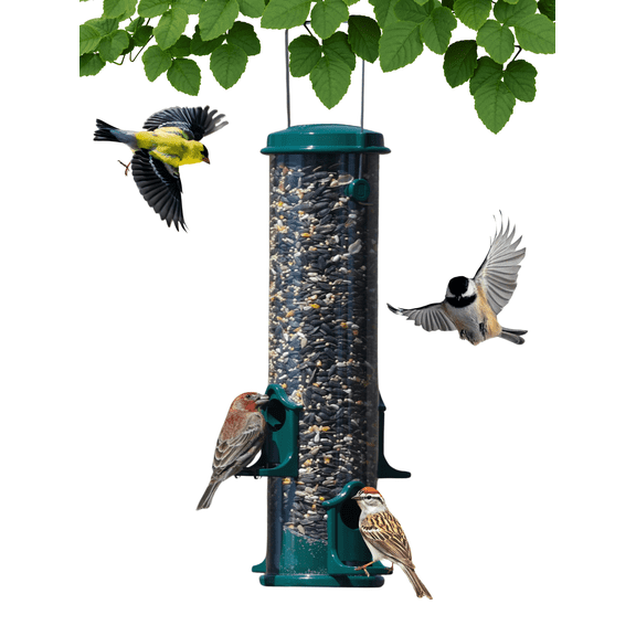 Backyards Essentials Tube Bird Feeder Standard Green Metal Bird Seed Feeder for Finches, 7 Cup Capacity