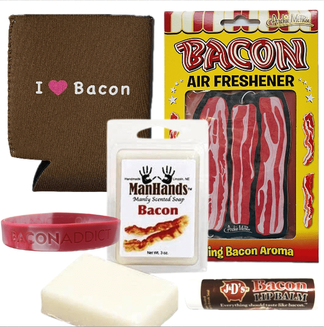 Bacon Addicts Survival Kit Gift Pack (5pc Set) - Bacon Soap, Air Freshener, Lip Balm, I Love Bacon Can Cooler & Bacon Addict Silicone Wristband