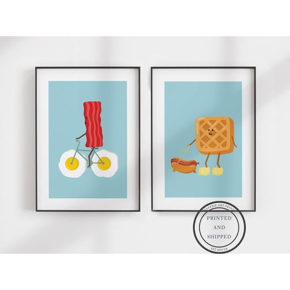 Bacon And Eggs Poster Waffle Man Poster Breakfast Wall Art Kitchen Poster Bacon Poster Food Wall Art 2 Set, Set 2, Poster Only