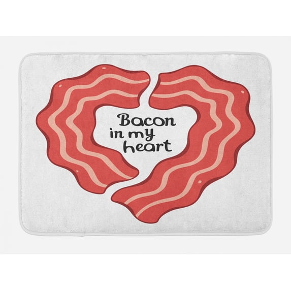 Bacon Bath Mat, Yummy Delicious Fried Bacons in Heart Shape Form with Bacon in My Heart Message Print, Plush Bathroom Decor Mat with Non Slip Backing, 29.5" X 17.5", Multicolor, by Ambesonne