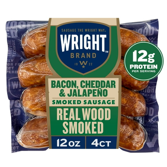 Wright Brand Real Wood Smoked Bacon, Cheddar & JalapeƱo Smoked Sausage, 12 oz, 4 Count