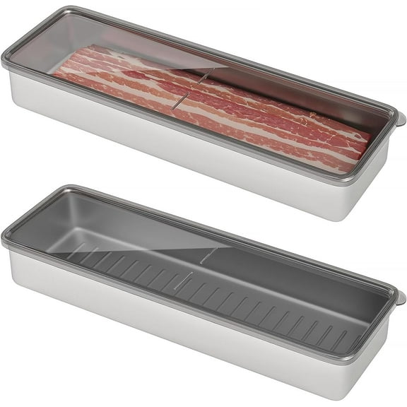 Bacon Container for Refrigerator, 1 Pack 304 Stainless Steel Airtight Deli Meat Storage Container for Fridge Dishwasher Safe Long Kitchen Food Storage Containers with Lids with Elevated Base