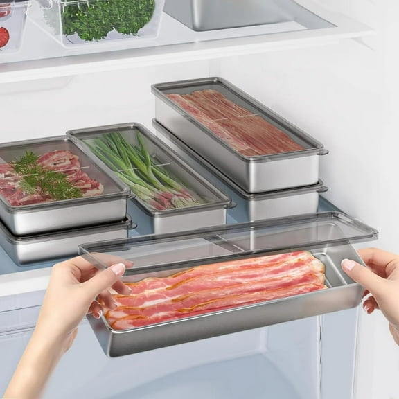 Bacon Container for Refrigerator | 2 Pack | Bacon Keeper | 304 Stainless Steel | Airtight Deli | Meat Storage Containers | Fridge Organizer Bins | Kitchen Food Storage Containers with Lids