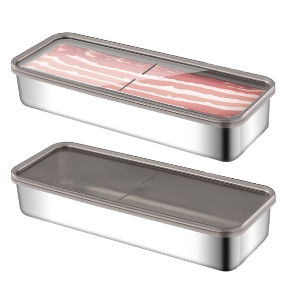 Bacon Container for Refrigerator, Bacon Storage with Lids Airtight, Stainless Steel Airtight Deli Meat Containers for Fridge, Long Container for Kitchen Food Storage (2 Pcs Rectangle)