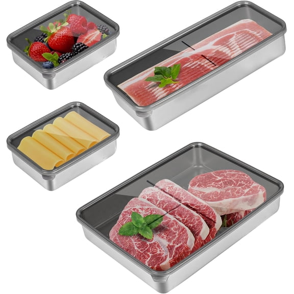 Bacon Container for Refrigerator, Bacon holder for refrigerator,Bacon Storage Container 304 Stainless Steel Sealed Food Storage Container with Clear Lid and Non-Slip Bottom,Deli Containers,4-Box Set