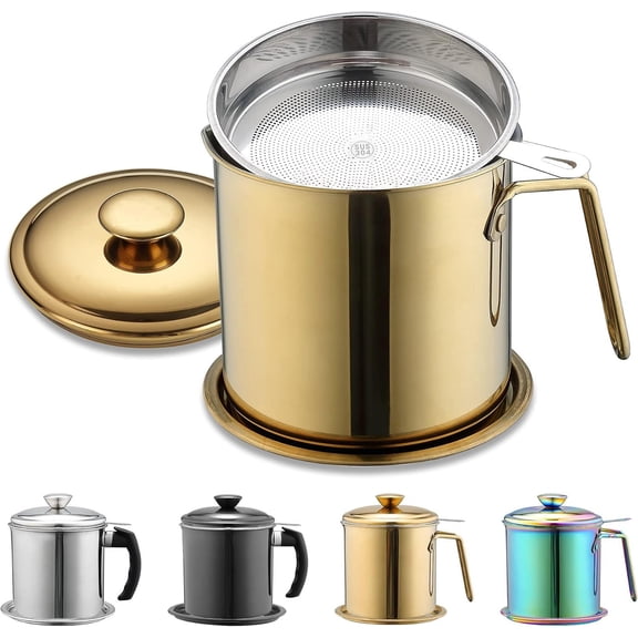 Bacon Container With Strainer 47oz/1.4L, Titanium Golden Stainless Steel Oil Storage Container with Fine Mesh Strainer Dust-proof for Storing Frying Oil and Cooking