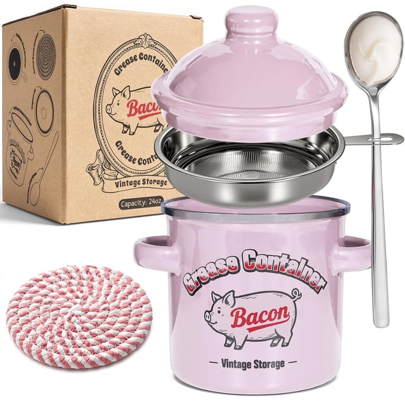 Bacon Container with Strainer, Saver Dishwasher Safe | Enamel Bacon Saver for Kitchen Storage with SS304 Strainer, Heat-Resistant Coaster, 24oz Bacon Jar ()