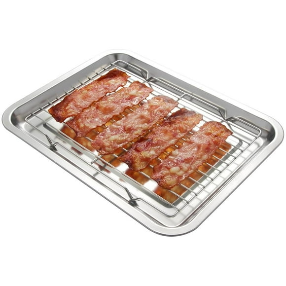 Bacon Cooker Pan Set Stainless Steel Crispy Bacon Baking Sheet 14" x 10.6" Kitchen Cooling Drain Oil Plate with Cooling Rack Topboutique Baking Tray for Bacon Cookie Meat Dishwasher Safe