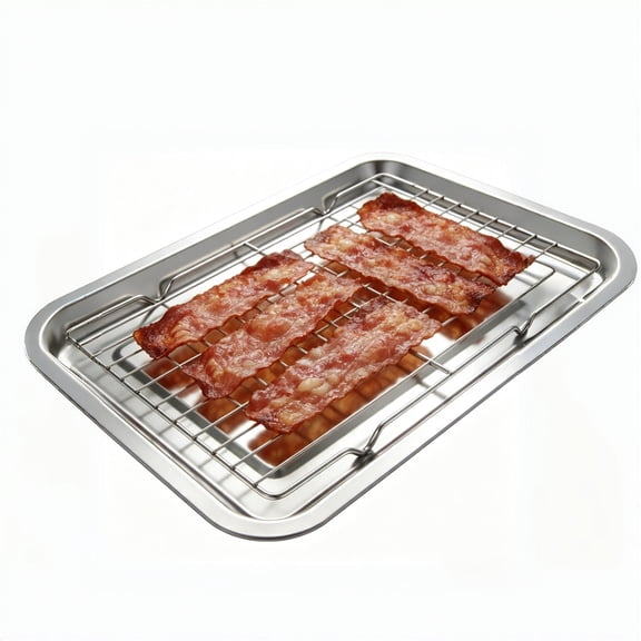Bacon Cooker Pan Set Stainless Steel Crispy Bacon Baking Sheet 14" x 10.6" Kitchen Cooling Drain Oil Plate with Cooling Rack Topboutique Baking Tray for Bacon Cookie Meat Dishwasher Safe