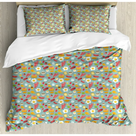 Bacon Duvet Cover Set King Size, Coffee Eggs Bacon Sausage Pancakes Croissant Pattern Delicious Tasty Pastry Theme, Decorative 3 Piece Bedding Set with 2 Pillow Shams, Multicolor, by Ambesonne