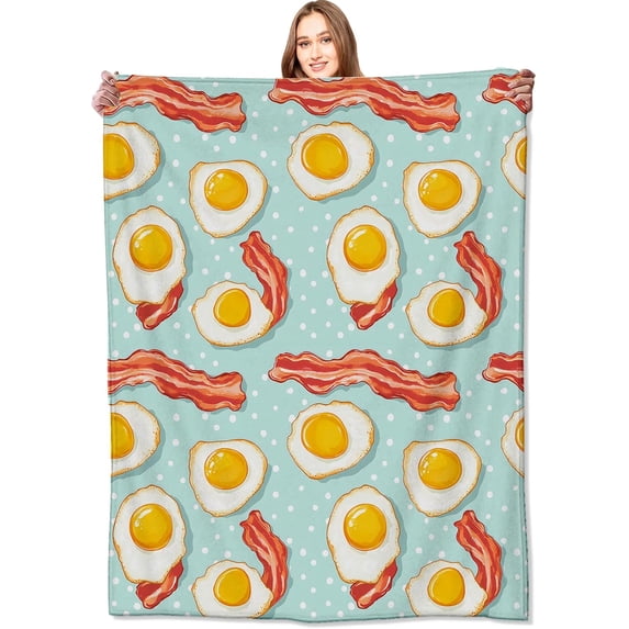 Bacon and Egg Blanket Fried Eggs and Crispy Bacons Fruit Throw Blankets with Blue Polka Dot,Birthday Gifts for Kids Adult,Lightweight Soft Fleece,for Sofa Couch Bed Room Art Decor 40x50in