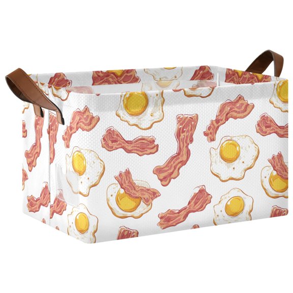 Bacon Eggs Pattern Collapsible Storage Bin Open Home Shelf Basket Water-Resistant Iron Frame Large