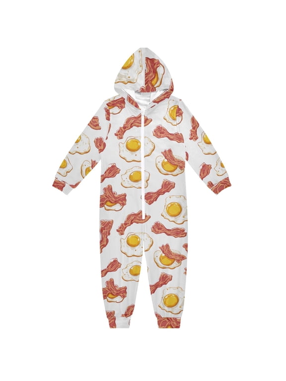 Bacon Eggs Pattern One Piece Pajamas Soft Jumpsuit Cozy Sleep and Play Romper Zipper and Pockets 5T-6T