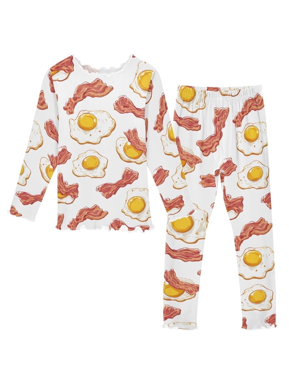 Bacon Eggs Pattern Pajama Set Soft Warm 2-Piece Long Sleeve Sleepwear Soft Warm Cozy 9-10Y