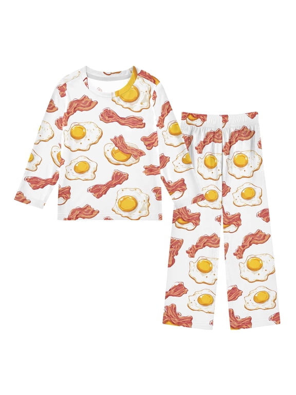 Bacon Eggs Pattern Pajama Set Soft Warm Cozy Fleece 2 Piece Fall Winter Sleepwear Loungewear 4T