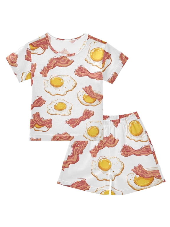 Bacon Eggs Pattern Summer Pajama Set Soft Cotton Short Sleeve Sleepwear 2PCS Pajama Sets Breathable Lounge Set Size 6Y