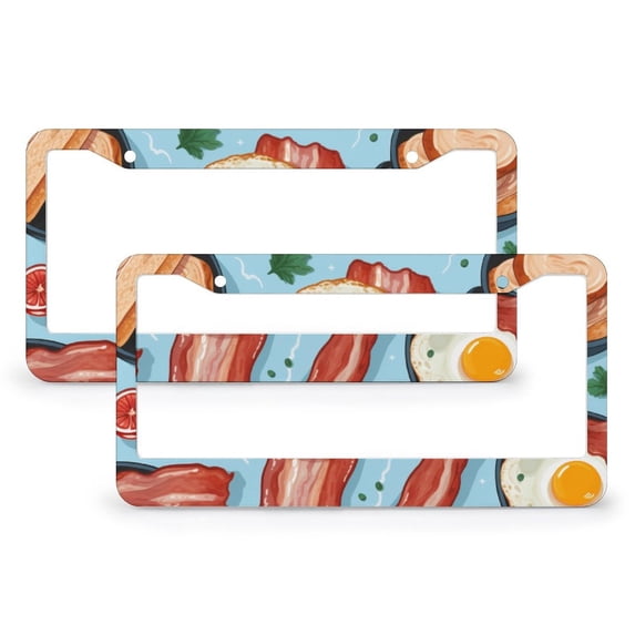 Bacon Eggs Sausages Breakfast Food Pattern License Plate Frames 2 PCS Cartoon Food Design License Plate Cover License Plate Novelty License Plate Frame Fits All Car License Plate Cover