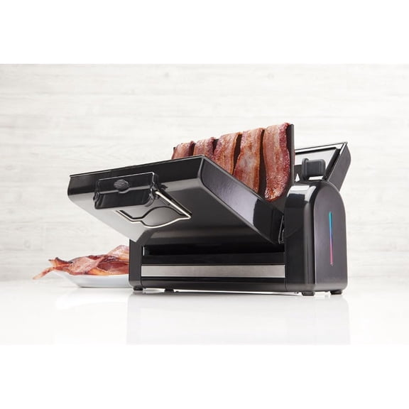 Bacon Express Toaster for kitchen use, stainless steel, black, fast dual-slot cooking with removable crumb tray