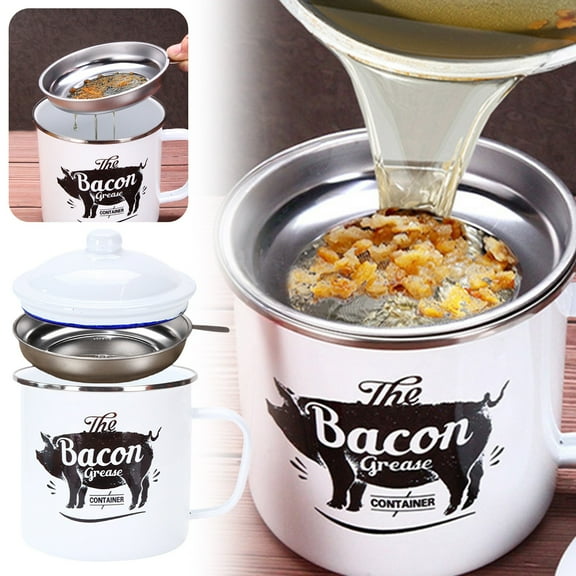 Bacon Grease Container With Strainer,46OZ Large Enamel Grease Container,With Silicone Spatula,Farmhouse Bacon Grease Keeper,Cooking Oil Container For Kitchen Fat Storage,Dishwasher Safe-White