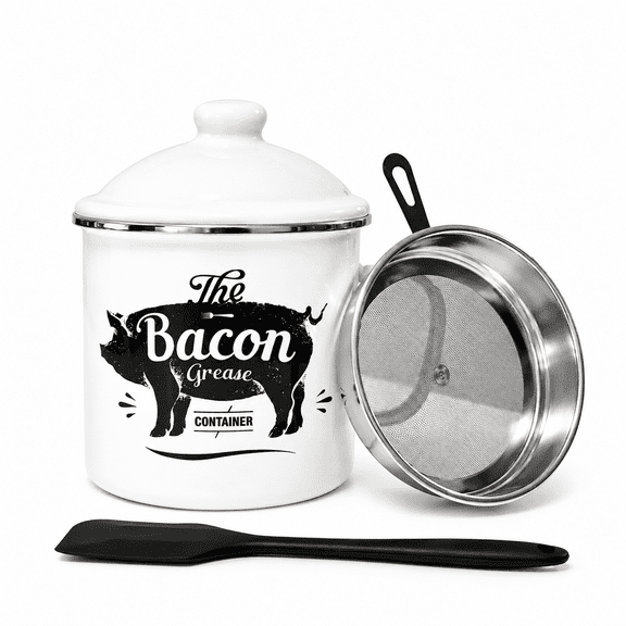 Bacon Grease Container with Strainer, 46oz Enamel Bacon Fat Container with Lid, Bacon Grease Keeper for Bacon Drippings, Cooking Oil Storage Can with Fine Mesh Filter and Silicone Spatula
