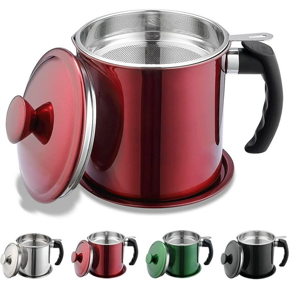 Bacon Grease Container With Strainer, 48 oz Metal Shining Red Stainless Steel Oil Container, Pot Fat Storage With Lid, Easy Grip Handle Suitable For Storing Frying Oil And Cooking Grease