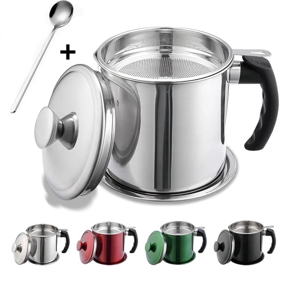 Bacon Grease Container With Strainer,48 oz Stainless Steel Oil Container, Pot Fat Storage With Lid, Easy Grip Handle Suitable For Storing Frying Oil And Cooking Grease 1. Silver with spoon