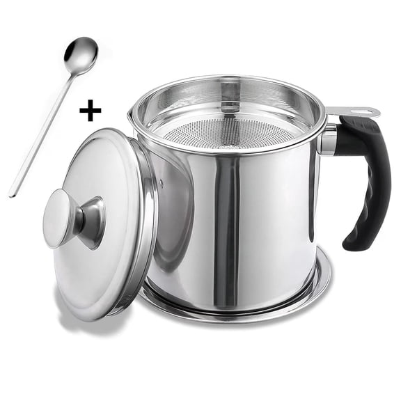 Bacon Grease Container With Strainer,48 oz Stainless Steel Oil Container, Pot Fat Storage With Lid, Easy Grip Handle Suitable For Storing Frying Oil And Cooking Grease 1. Silver with spoon