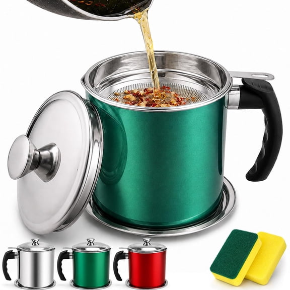 Bacon Grease Container With Strainer, 48oz Stainless Steel Oil Storage Pot Cooking Grease Collector with Lid & Ergonomic Handle, Kitchen Container for Waste Frying Oil