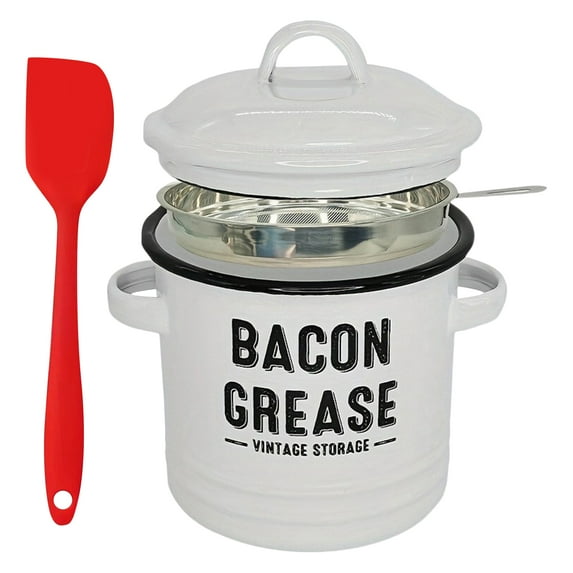 Bacon Grease Container with Strainer and Food-Grade Silicone Spatula, 50oz Bacon Fat Collector Storage, Bacon Drippings Saver, Grease Keeper for Kitchen,For Filtering Out,Storing and Recycling(White)