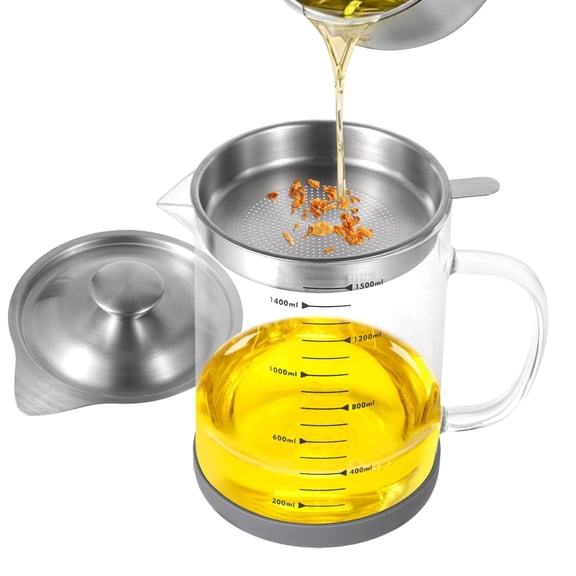 Bacon Grease Container with Strainer, 50.7 oz Borosilicate Glass Oil Separator, Drip-Less Spout & Non-Slip Silicone Base, Fine Mesh Filter, Versatile for Oil, Milk, Tea, and Soy Milk Storage