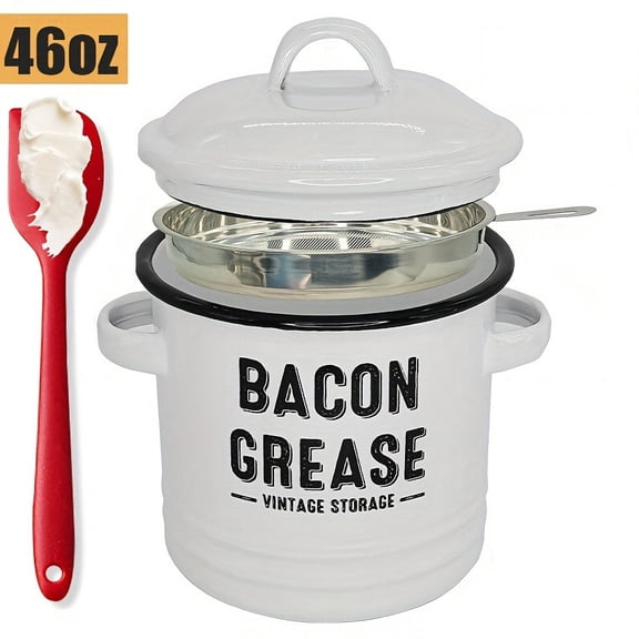 Bacon Grease Container with Strainer - Large 46OZ Kitchen Oil Storage Can, Food Saver Bin with Lid | Farmhouse Cooking Pot Keeper Collector, Dishwasher Safe-White