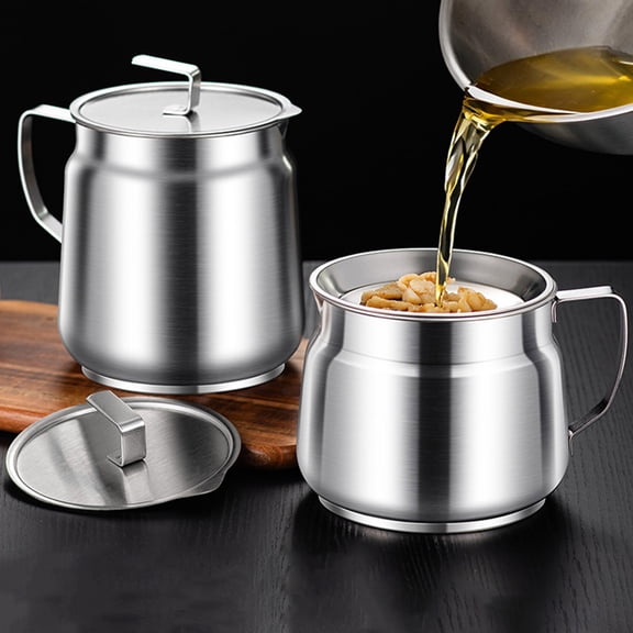 Bacon Grease Container with Strainer And Lid 1.5/2L Stainless Steel Container for Frying Oil Storage Pot Fat Storage Easy-Grip Handle Leak-Proof Cooking Oil Jar