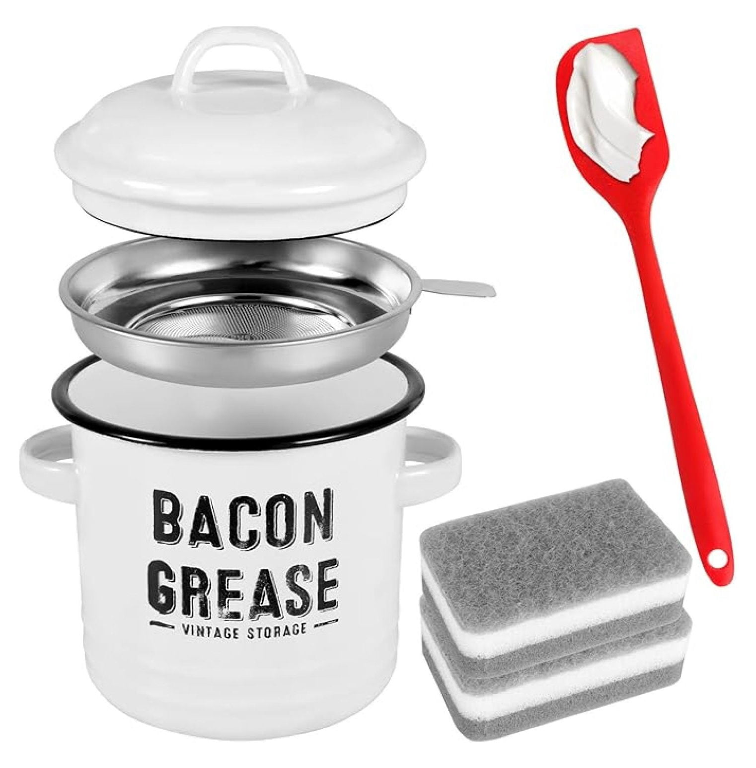 Bacon Grease Container with Strainer & Spatula - 46oz Enamel Fat Keeper ...
