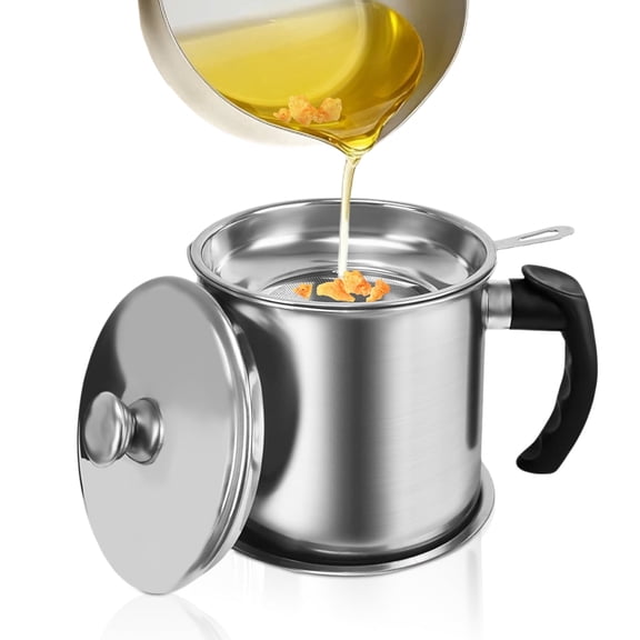 Bacon Grease Container with Strainer, Stainless Steel Oil Container with Lid and Anti-Slip Coaster Tray for Storing Frying Oil and Cooking Grease, 48oz