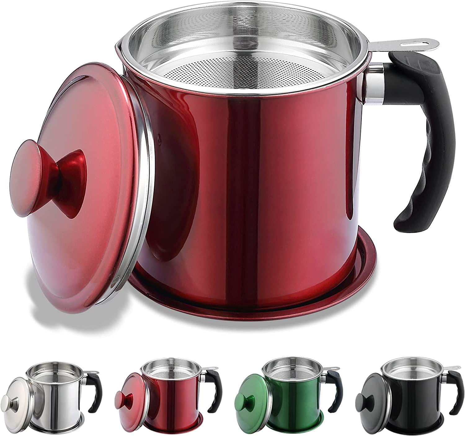 Bacon Grease Container With Strainer, 48 oz Metal Shining Red Stainless