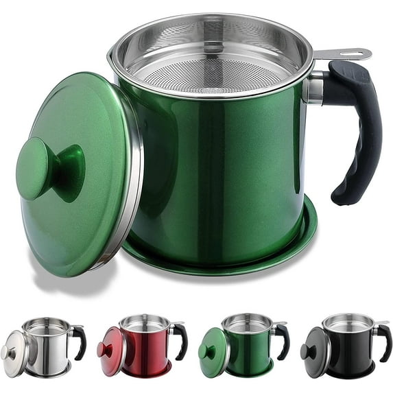 Bacon Grease Container With Strainer, 48 oz Metal Shining Red Stainless Steel Oil Container, Pot Fat Storage With Lid, Easy Grip Handle Suitable For Storing Frying Oil And Cooking Grease
