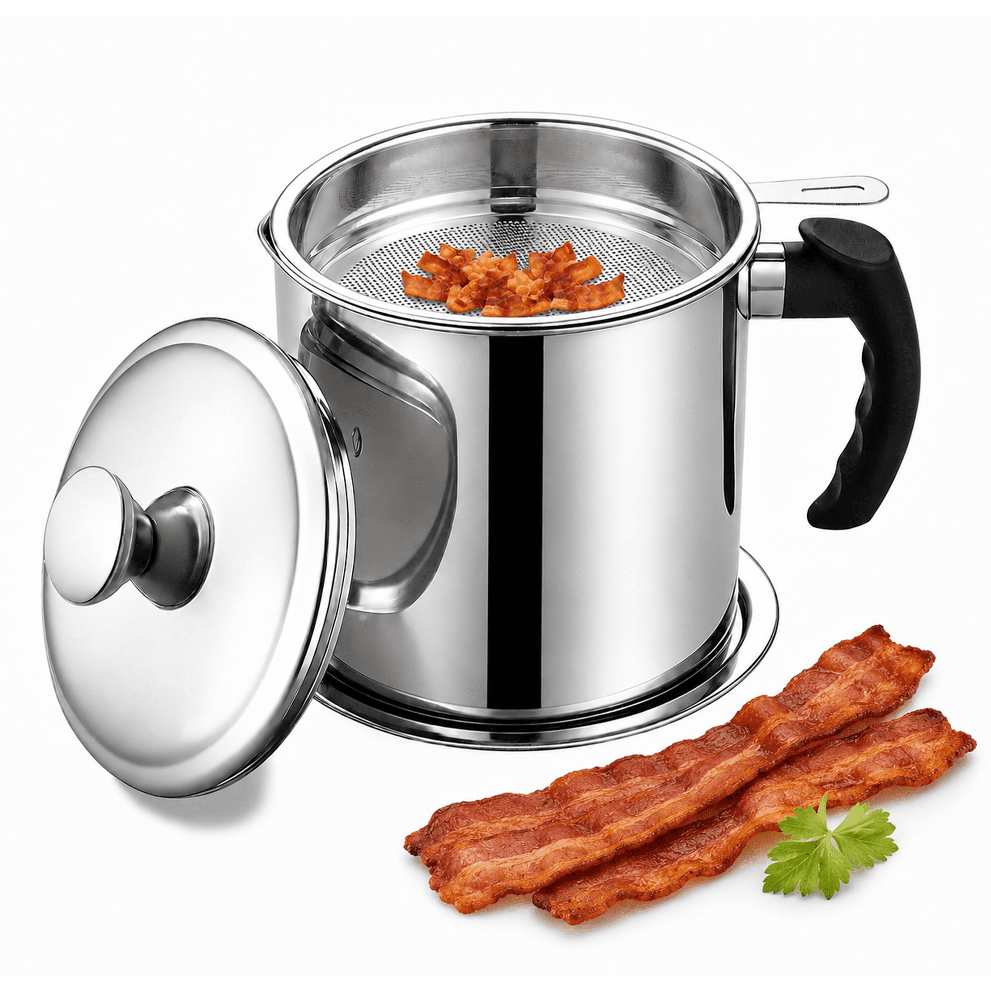GARITIN Bacon Grease Container with Strainer, 1.8L Stainless Steel Oil Storage Pot, Grease Saver Can with Fine Mesh Filter for Kitchen Cooking Frying Oil