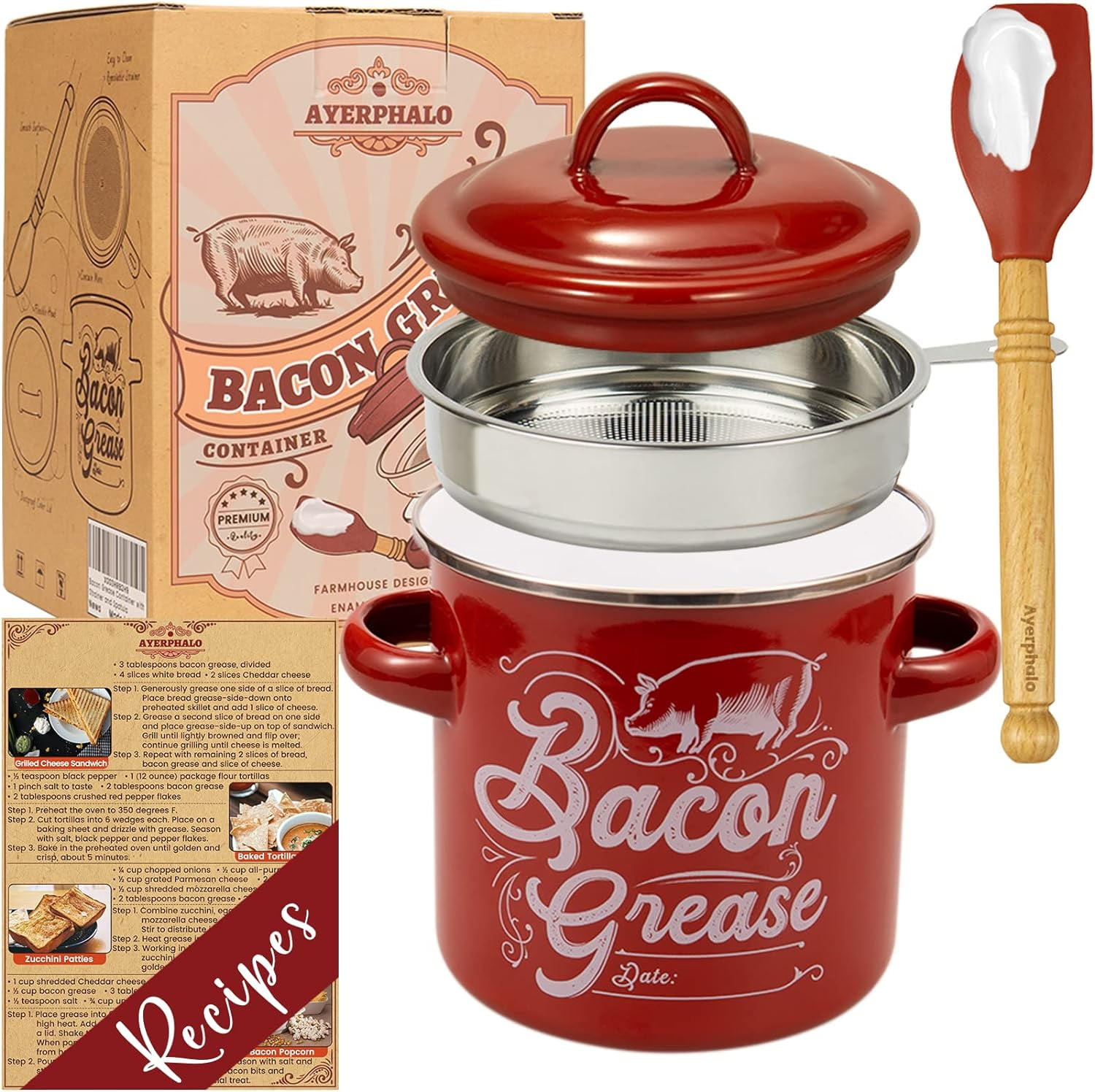 Bacon Grease Container with Strainer - Keep Bacon Grease Fresh - 46OZ ...