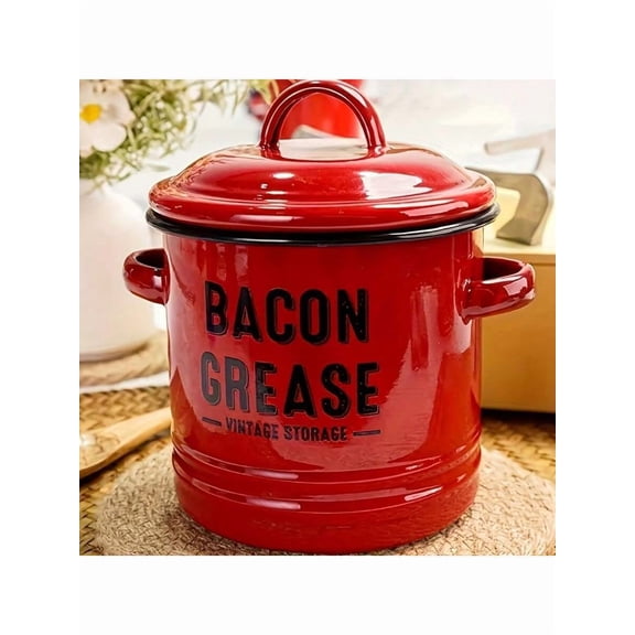 Bacon Grease Container with Strainer and Lid, 46oz Large Capacity Enamel Oil Storage Can, Cooking Grease Keeper and Oil Separator for Kitchen, Red