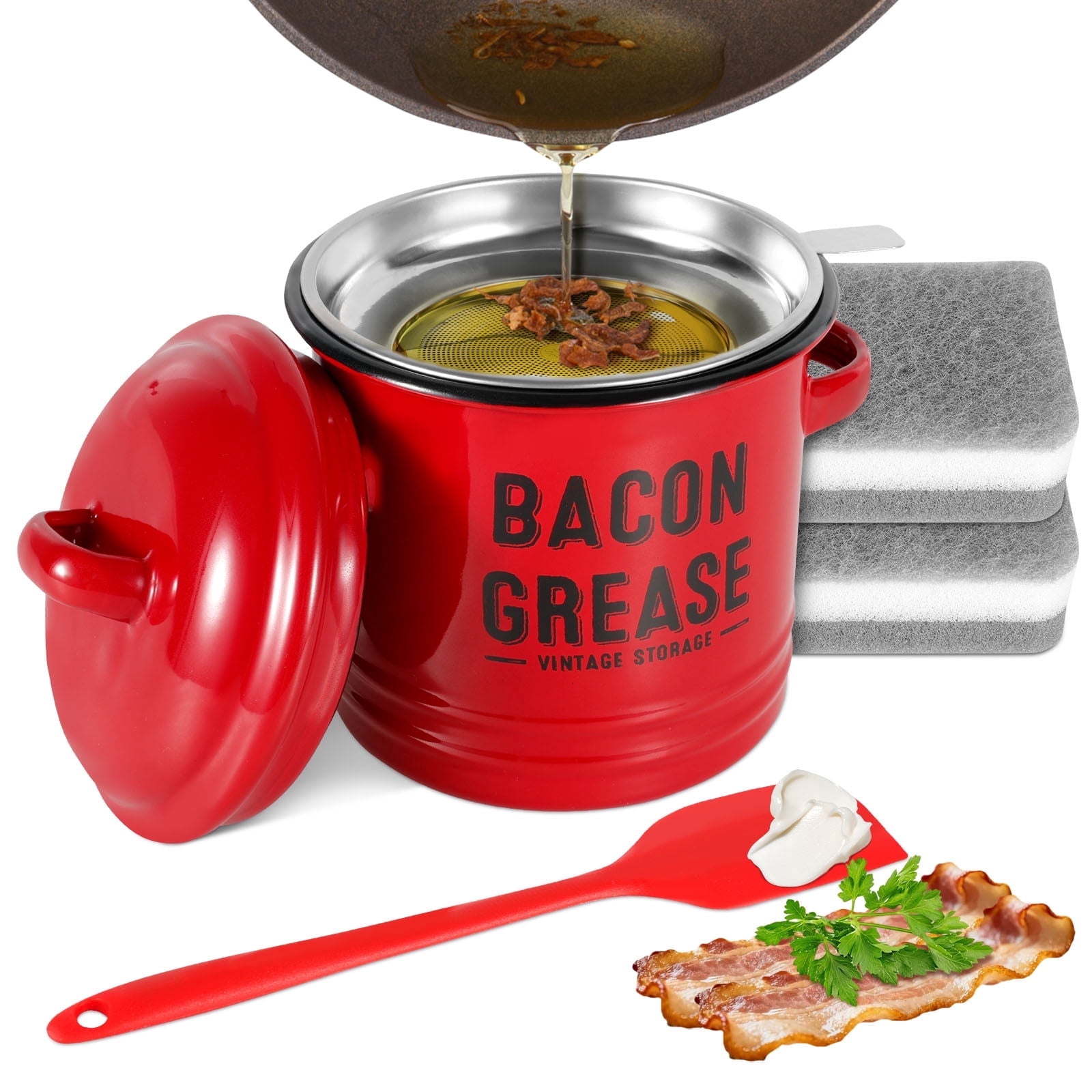 Bacon Grease Container with Strainer with Food Safe Silicone Spatula ...